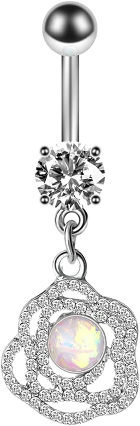 Dangle Navel Ring Stainless Steel, CZ Navel Rings for Women Long Bar Flower Pendant Silver Belly Rings
