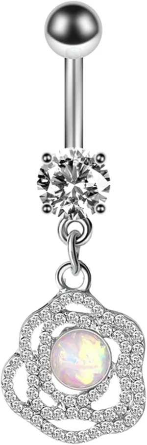 Dangle Navel Ring Stainless Steel, CZ Navel Rings for Women Long Bar Flower Pendant Silver Belly Rings