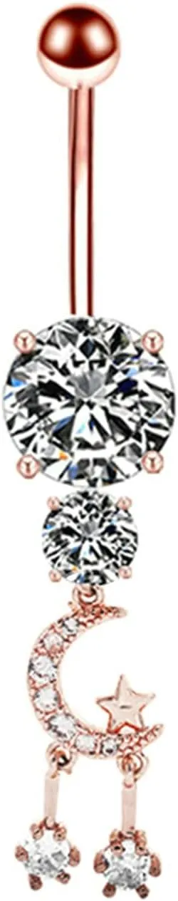 Dangle Navel Ring Stainless Steel, CZ Short Navel Rings for Women Moon Rosegold Belly Rings