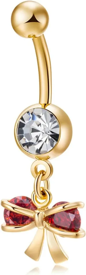 Dangle Navel Ring Stainless Steel, CZ Spiral Navel Rings for Women Bowknot Gold Navel Rings