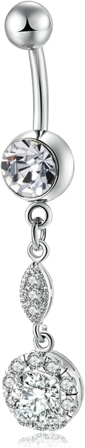 Dangle Navel Ring Stainless Steel, CZ Surgical Navel Rings for Women Round Silver Belly Rings