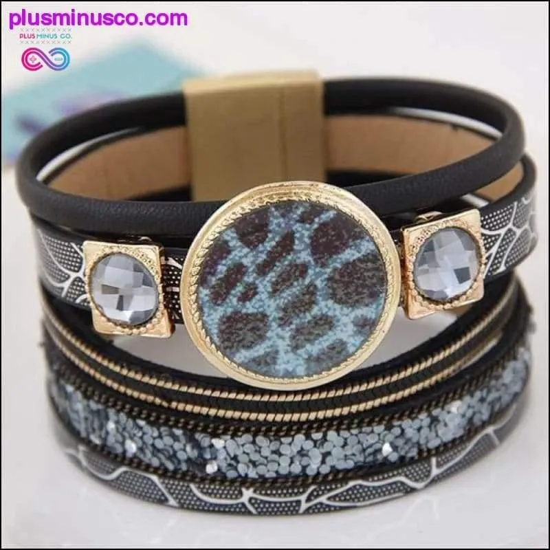 Designer Enamel Flower Gem Magnetic Leather Bangle Bracelets