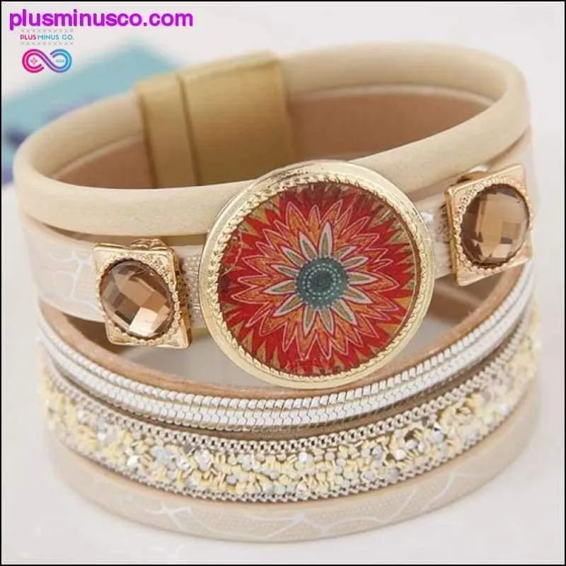 Designer Enamel Flower Gem Magnetic Leather Bangle Bracelets
