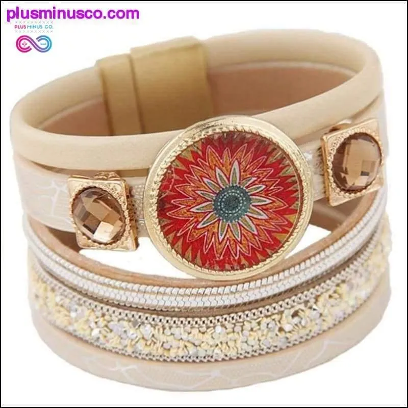 Designer Enamel Flower Gem Magnetic Leather Bangle Bracelets