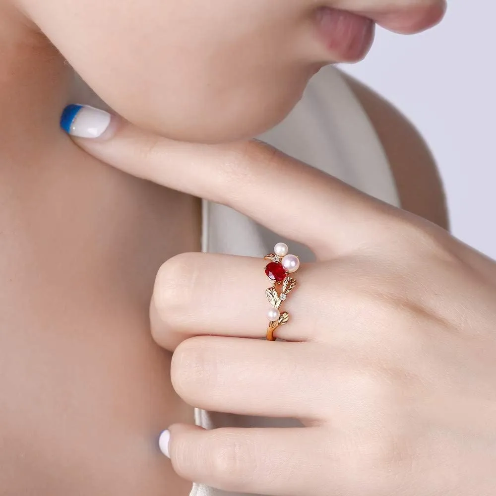 Diamond Gemstone Rings For Women, 14K Yellow Gold Rings - Emerald Ring/Ruby Ring with Pearl, Natural Green/Red Gem Stone Rings & Real Diamond Ring For Couple Engagement Ring