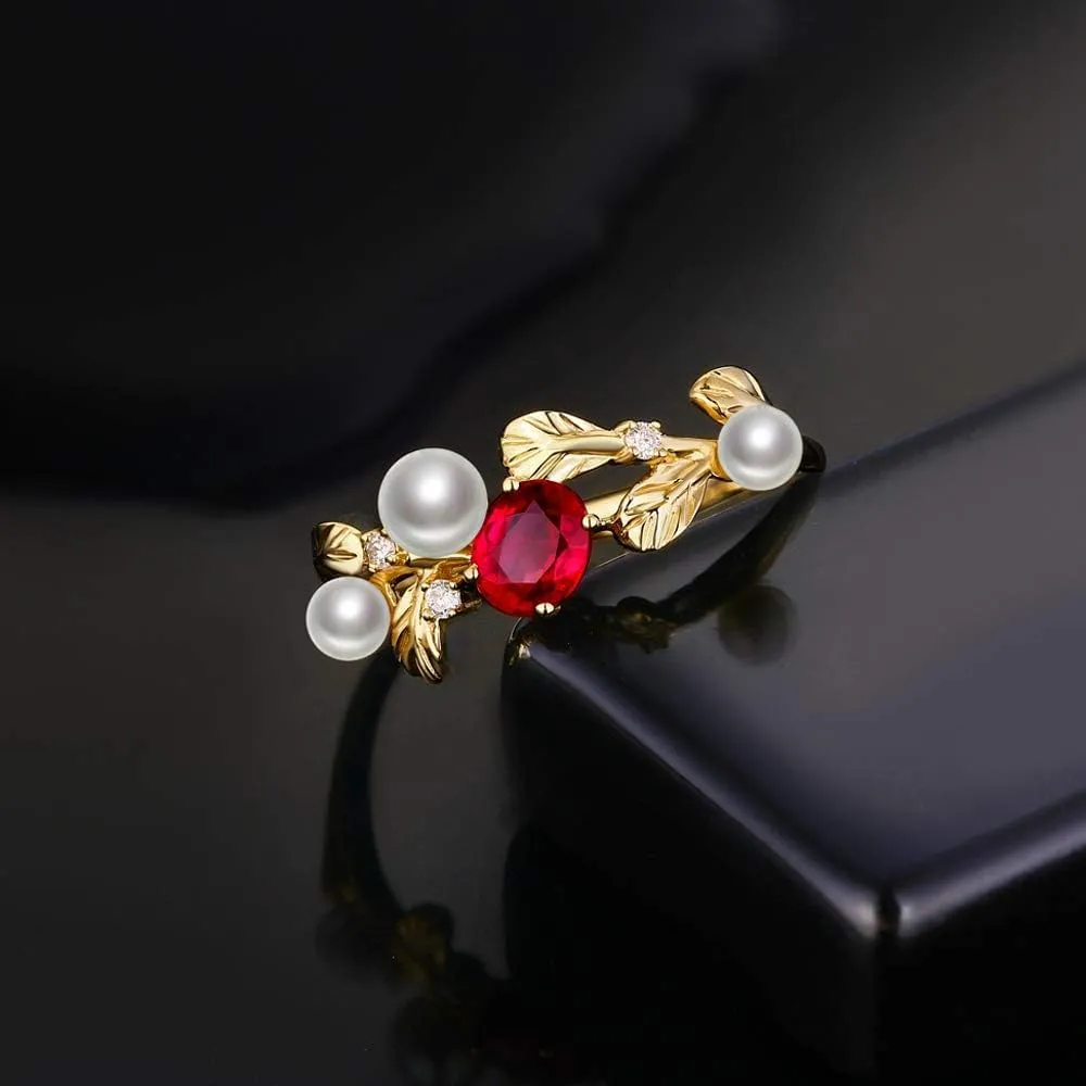Diamond Gemstone Rings For Women, 14K Yellow Gold Rings - Emerald Ring/Ruby Ring with Pearl, Natural Green/Red Gem Stone Rings & Real Diamond Ring For Couple Engagement Ring