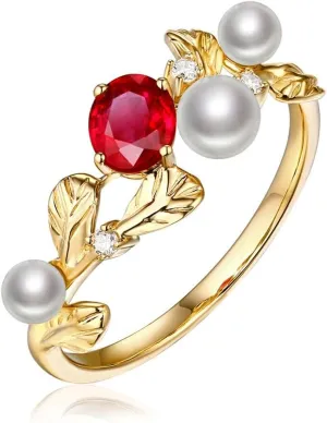 Diamond Gemstone Rings For Women, 14K Yellow Gold Rings - Emerald Ring/Ruby Ring with Pearl, Natural Green/Red Gem Stone Rings & Real Diamond Ring For Couple Engagement Ring