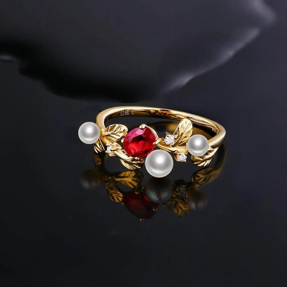 Diamond Gemstone Rings For Women, 14K Yellow Gold Rings - Emerald Ring/Ruby Ring with Pearl, Natural Green/Red Gem Stone Rings & Real Diamond Ring For Couple Engagement Ring