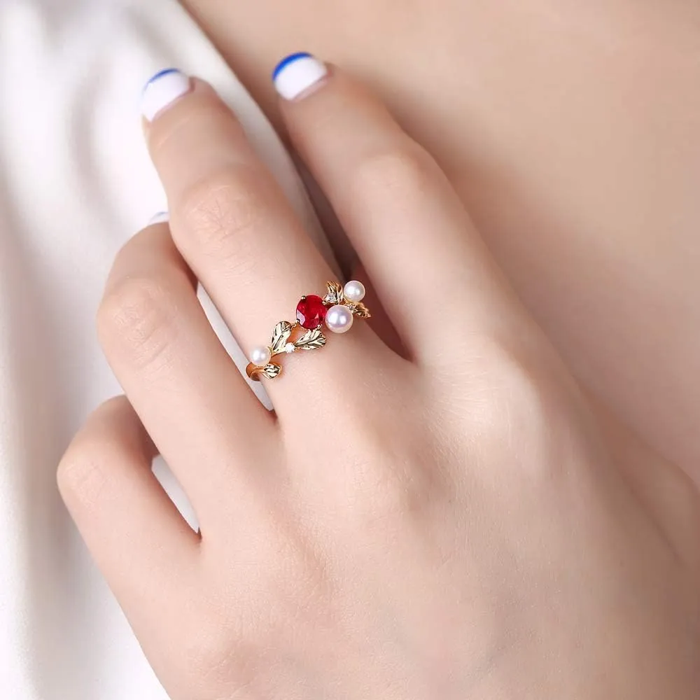 Diamond Gemstone Rings For Women, 14K Yellow Gold Rings - Emerald Ring/Ruby Ring with Pearl, Natural Green/Red Gem Stone Rings & Real Diamond Ring For Couple Engagement Ring
