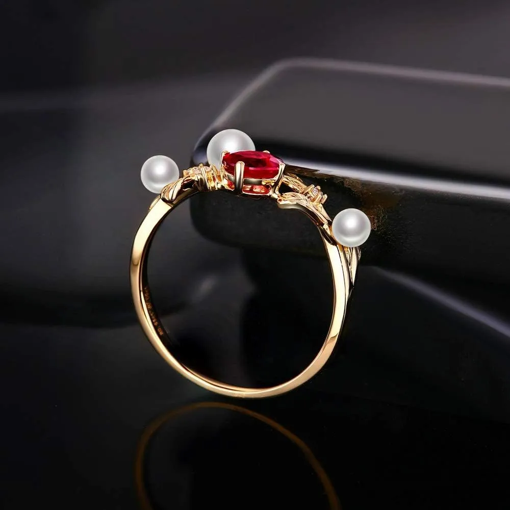 Diamond Gemstone Rings For Women, 14K Yellow Gold Rings - Emerald Ring/Ruby Ring with Pearl, Natural Green/Red Gem Stone Rings & Real Diamond Ring For Couple Engagement Ring