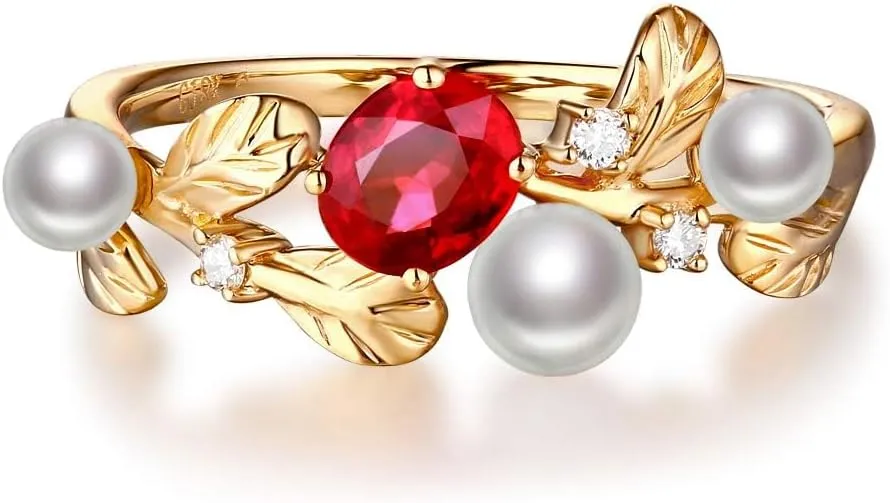 Diamond Gemstone Rings For Women, 14K Yellow Gold Rings - Emerald Ring/Ruby Ring with Pearl, Natural Green/Red Gem Stone Rings & Real Diamond Ring For Couple Engagement Ring