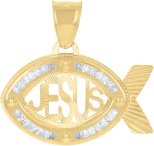 Diamond2Deal Mothers Day Gifts 10k Yellow Gold Cubic Zirconia Ichthus Jesus Religious Charm Pendant for Mom