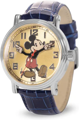 Disney Mickey Watch - Watch for Men - Mickey Mouse Watches for Men - Toys - 90s Mouse - 's Articulating Hands - Vintage - Silver Case - Blue Leather Strap