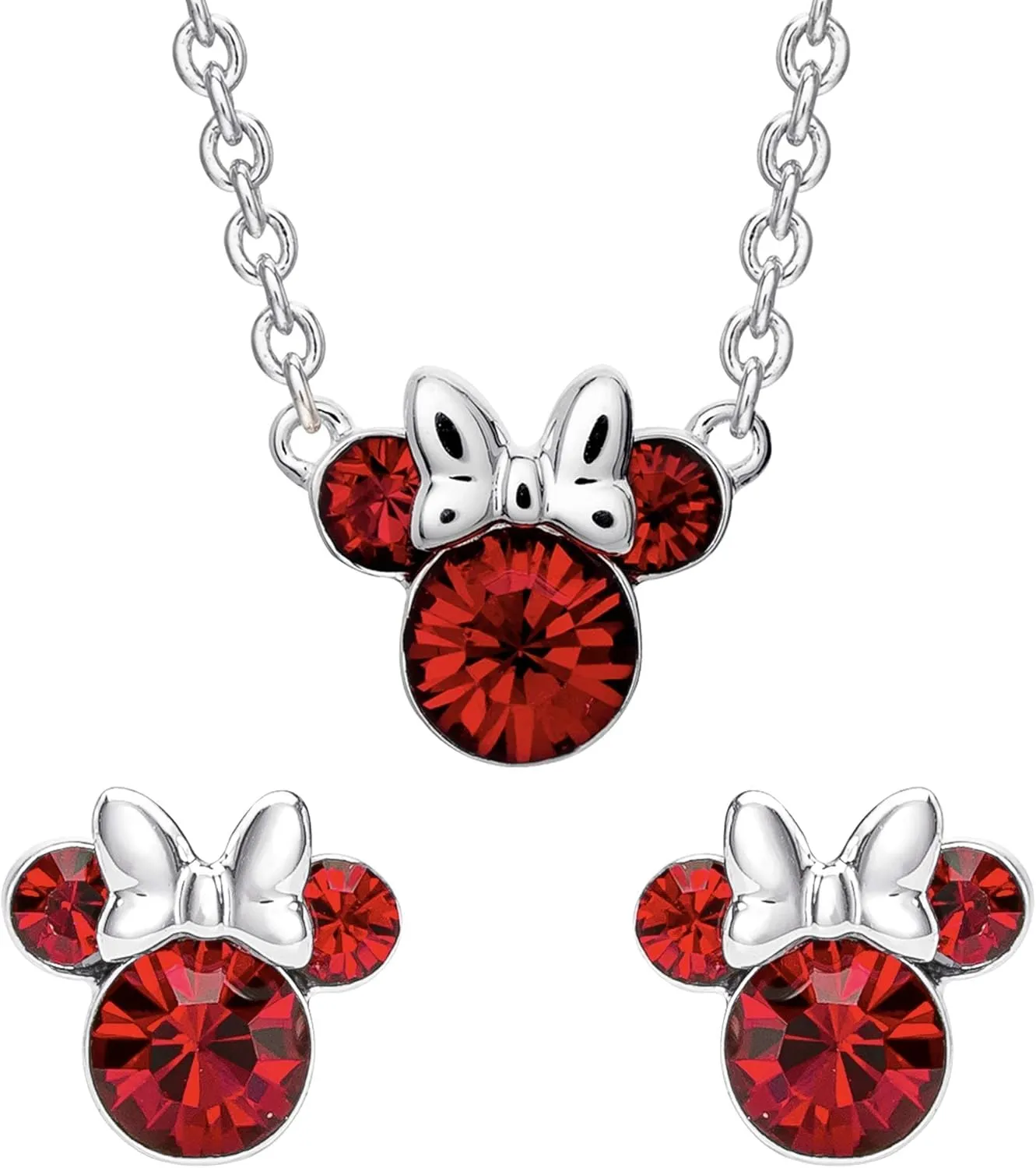 Disney Minnie Mouse July Birthstone Jewelry Set with Silver Plated Ruby Crystal Stud Earrings and Pendant Necklace