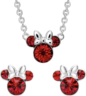 Disney Minnie Mouse July Birthstone Jewelry Set with Silver Plated Ruby Crystal Stud Earrings and Pendant Necklace