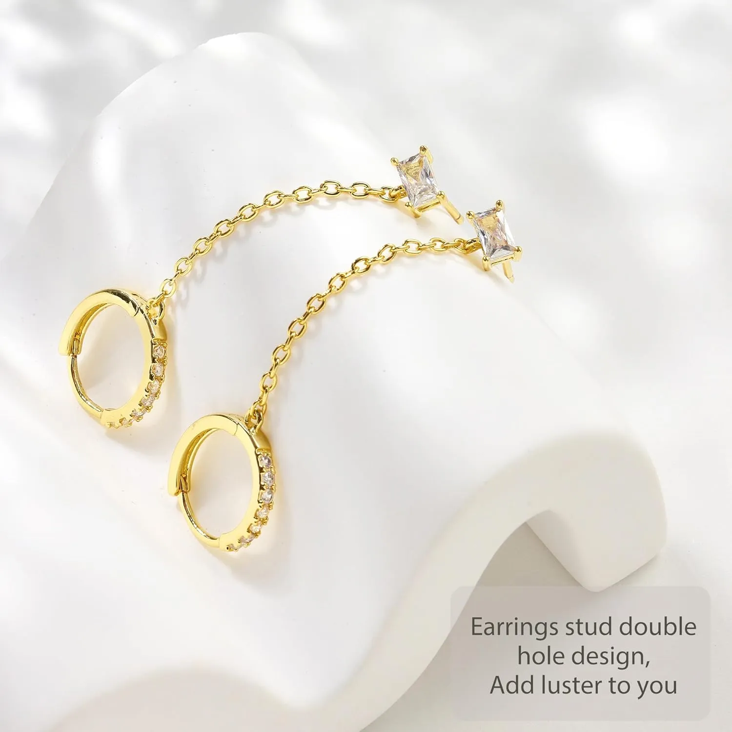 Double Piercing Chain Earrings for Women 18K Gold Plated S925 Sterling Silver Dangle Chain Huggie Hoop Earrings with Cubic Zirconia Stones Simulated CZ Stud Earrings