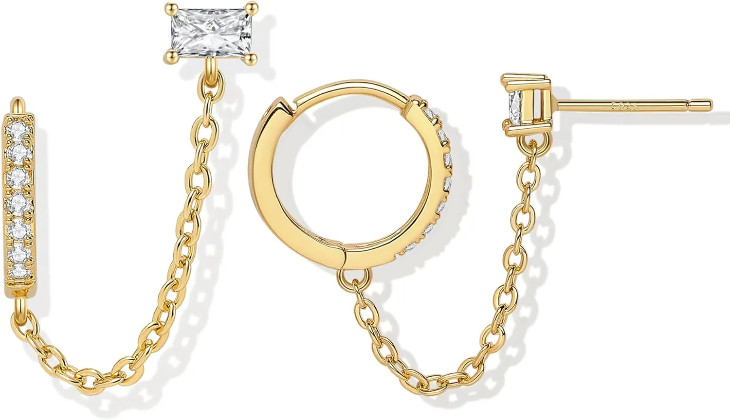 Double Piercing Chain Earrings for Women 18K Gold Plated S925 Sterling Silver Dangle Chain Huggie Hoop Earrings with Cubic Zirconia Stones Simulated CZ Stud Earrings