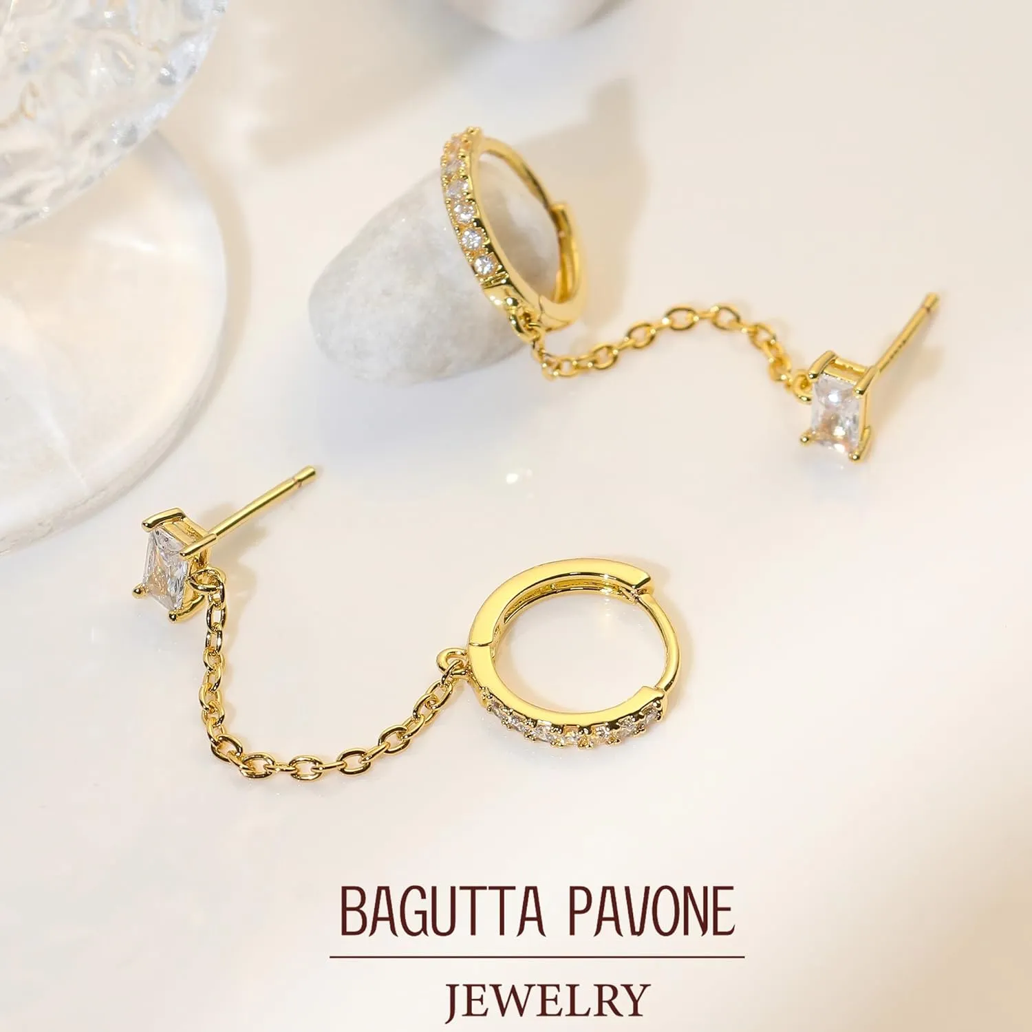 Double Piercing Chain Earrings for Women 18K Gold Plated S925 Sterling Silver Dangle Chain Huggie Hoop Earrings with Cubic Zirconia Stones Simulated CZ Stud Earrings