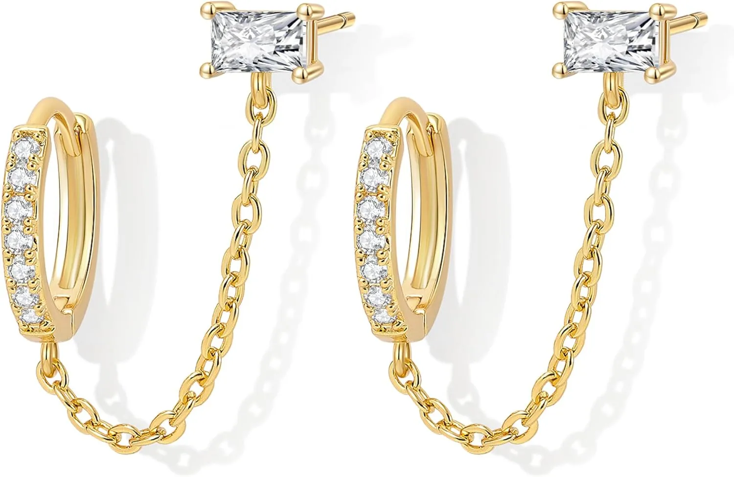 Double Piercing Chain Earrings for Women 18K Gold Plated S925 Sterling Silver Dangle Chain Huggie Hoop Earrings with Cubic Zirconia Stones Simulated CZ Stud Earrings