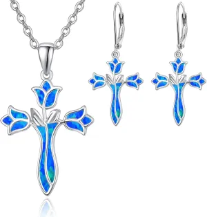 Dreamboat Blue Opal Cross Necklace and Cross Earrings Rose Blue Flower Necklace Faith Necklace for Women Sterling Silver Hypoallergenic Dangle Earrings October Birthstone Christian Gifts For Mom