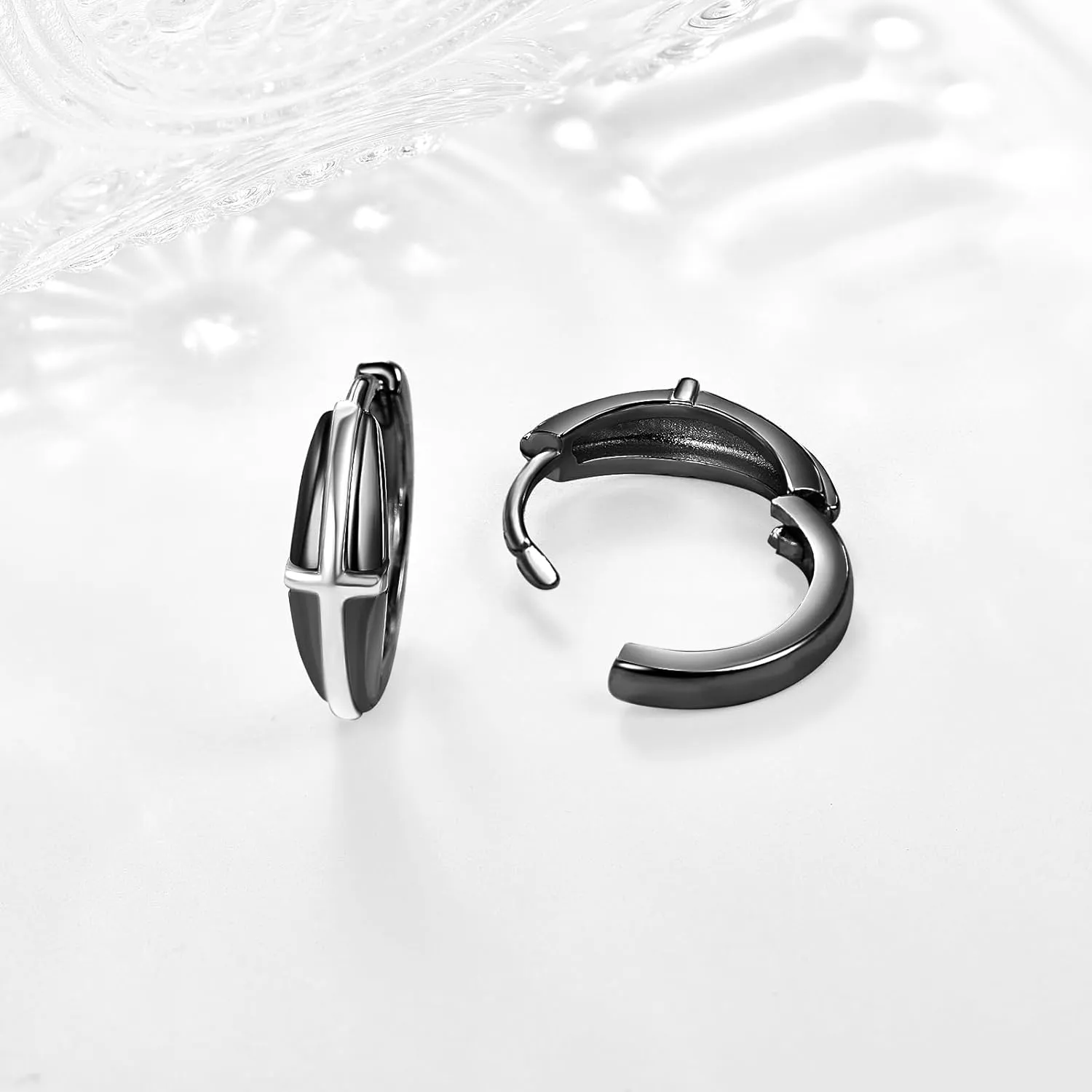 Dreamboat Cross Earrings for Women Mens Sterling Silver Small Black Hoop Earrings Christian Jewelry Confirmation Religious Gifts