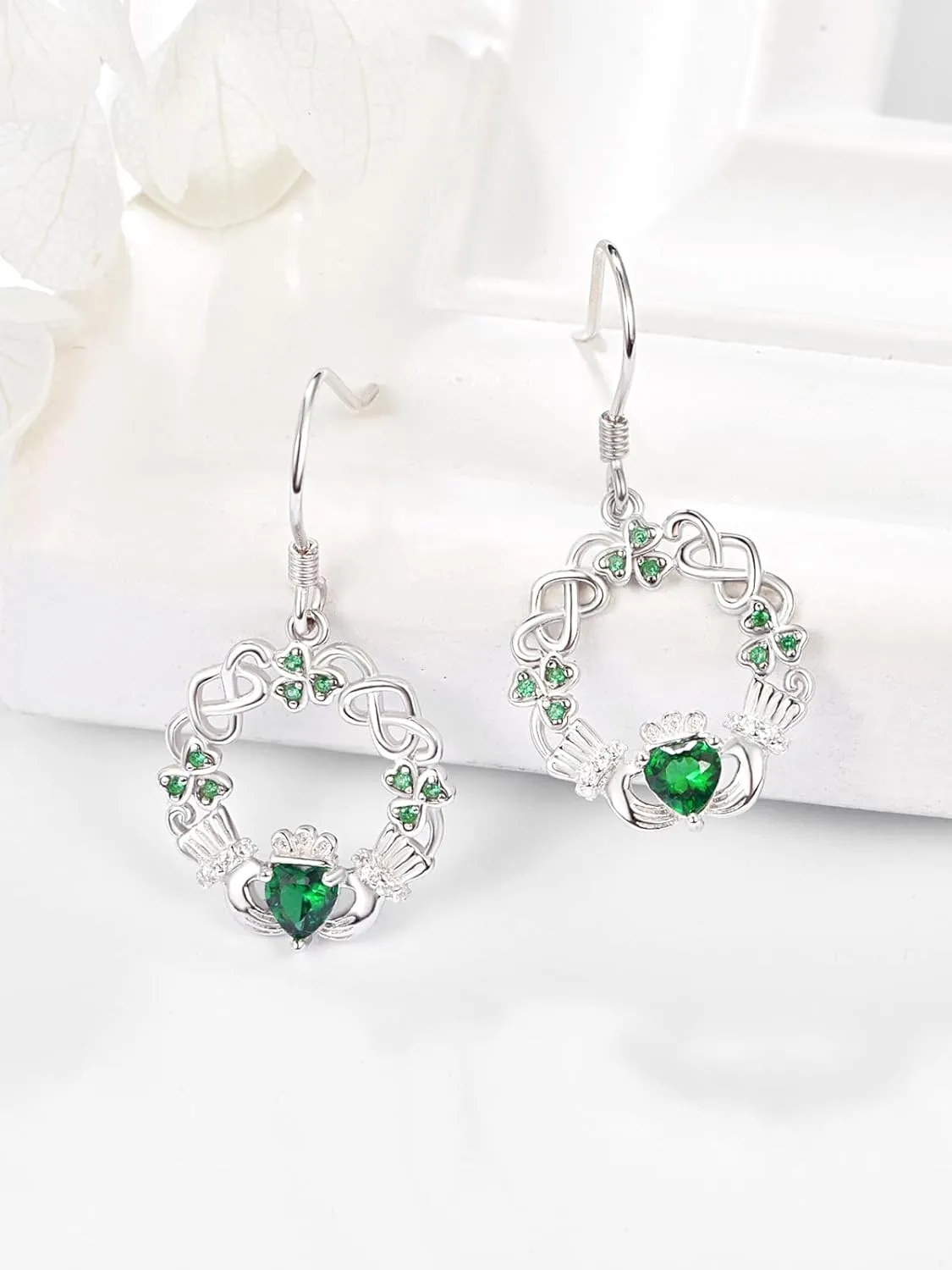 Dreamboat Sterling Silver Claddagh Earrings for Women Celtic Knot Irish Earrings Dangle Earrings Hook Heart Birthstone Earrings Irish Jewelry Gift for Mom