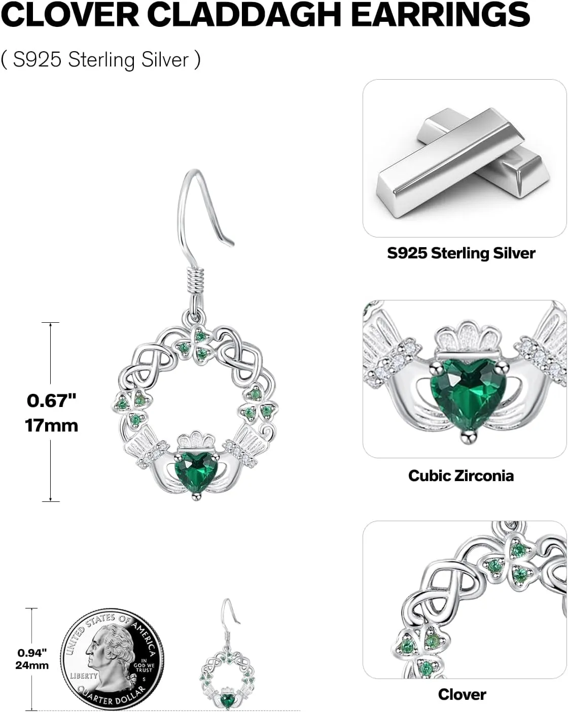 Dreamboat Sterling Silver Claddagh Earrings for Women Celtic Knot Irish Earrings Dangle Earrings Hook Heart Birthstone Earrings Irish Jewelry Gift for Mom