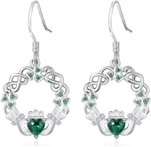 Dreamboat Sterling Silver Claddagh Earrings for Women Celtic Knot Irish Earrings Dangle Earrings Hook Heart Birthstone Earrings Irish Jewelry Gift for Mom