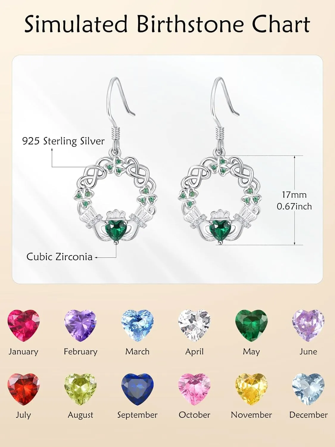 Dreamboat Sterling Silver Claddagh Earrings for Women Celtic Knot Irish Earrings Dangle Earrings Hook Heart Birthstone Earrings Irish Jewelry Gift for Mom