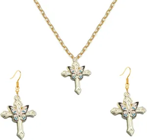 Dreuyet Butterfly Cross Earring Necklaces Set for Women Creative Alloy Bohemian Butterfly Insect Animal Necklace Vintage Cross Pendant Necklace Religious Jewelry