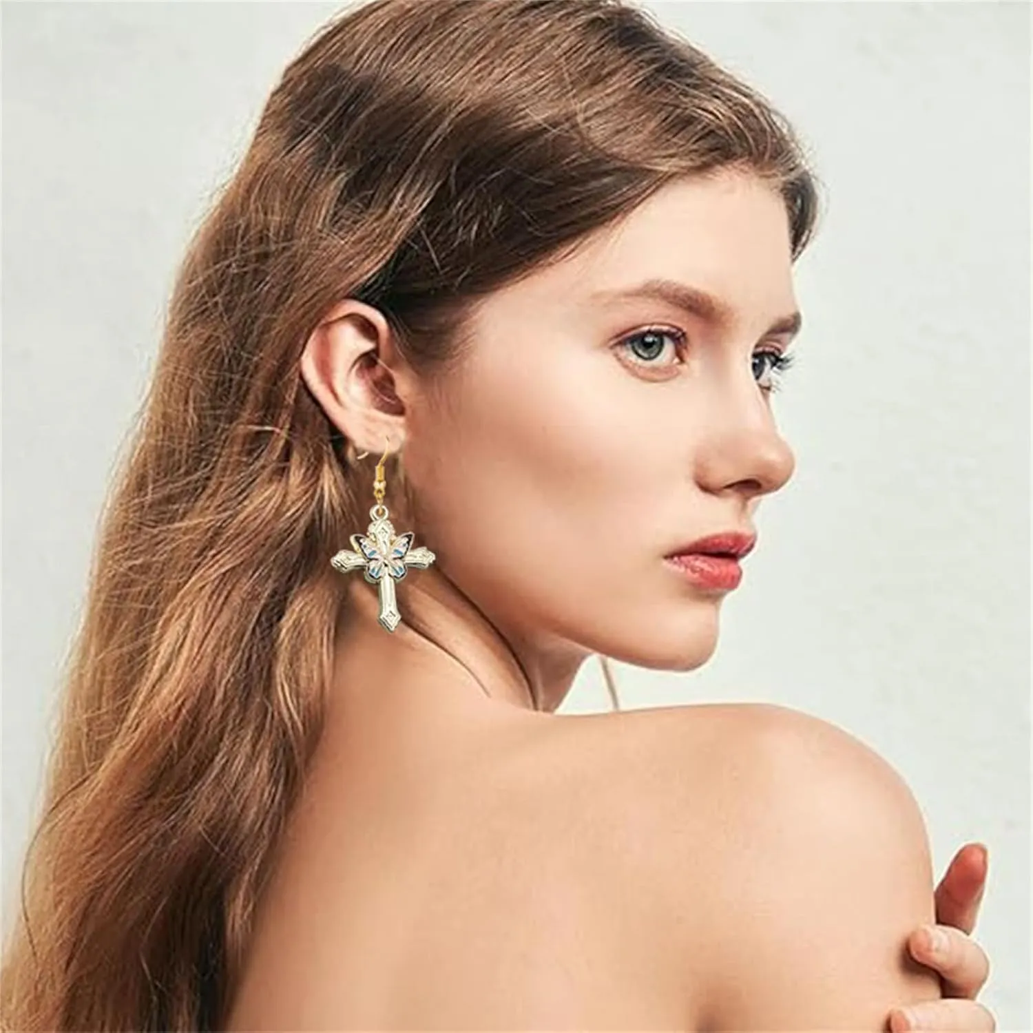Dreuyet Butterfly Cross Earring Necklaces Set for Women Creative Alloy Bohemian Butterfly Insect Animal Necklace Vintage Cross Pendant Necklace Religious Jewelry