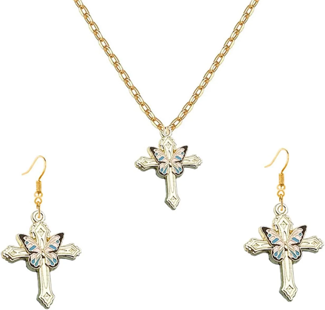 Dreuyet Butterfly Cross Earring Necklaces Set for Women Creative Alloy Bohemian Butterfly Insect Animal Necklace Vintage Cross Pendant Necklace Religious Jewelry