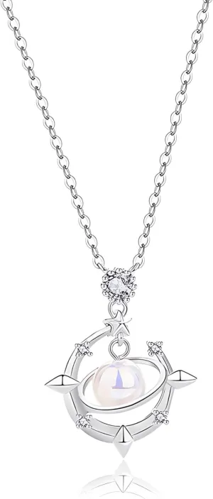 Elegant 925 Sterling Silver Necklace for Women, Crisscross Chain with Circle Pearl Zircon Star Pendant, Anniversary, Birthday, Christmas Gift for Her, Silver Star Necklace for Girlfriend, Wife, Mom.
