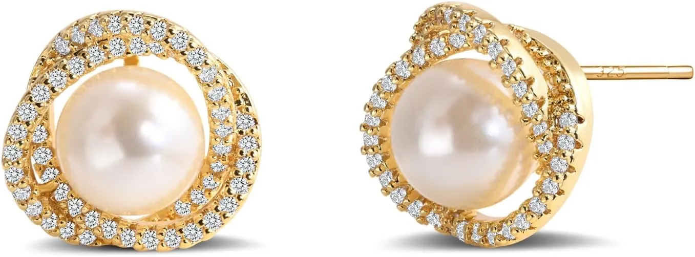 Elegant Gold Plated Pearl Stud Earrings Hypoallergenic Gold Wrapped Design Dainty Pearl Earrings for Women Daily Matching and Exquisite Dinner Beautiful Gift