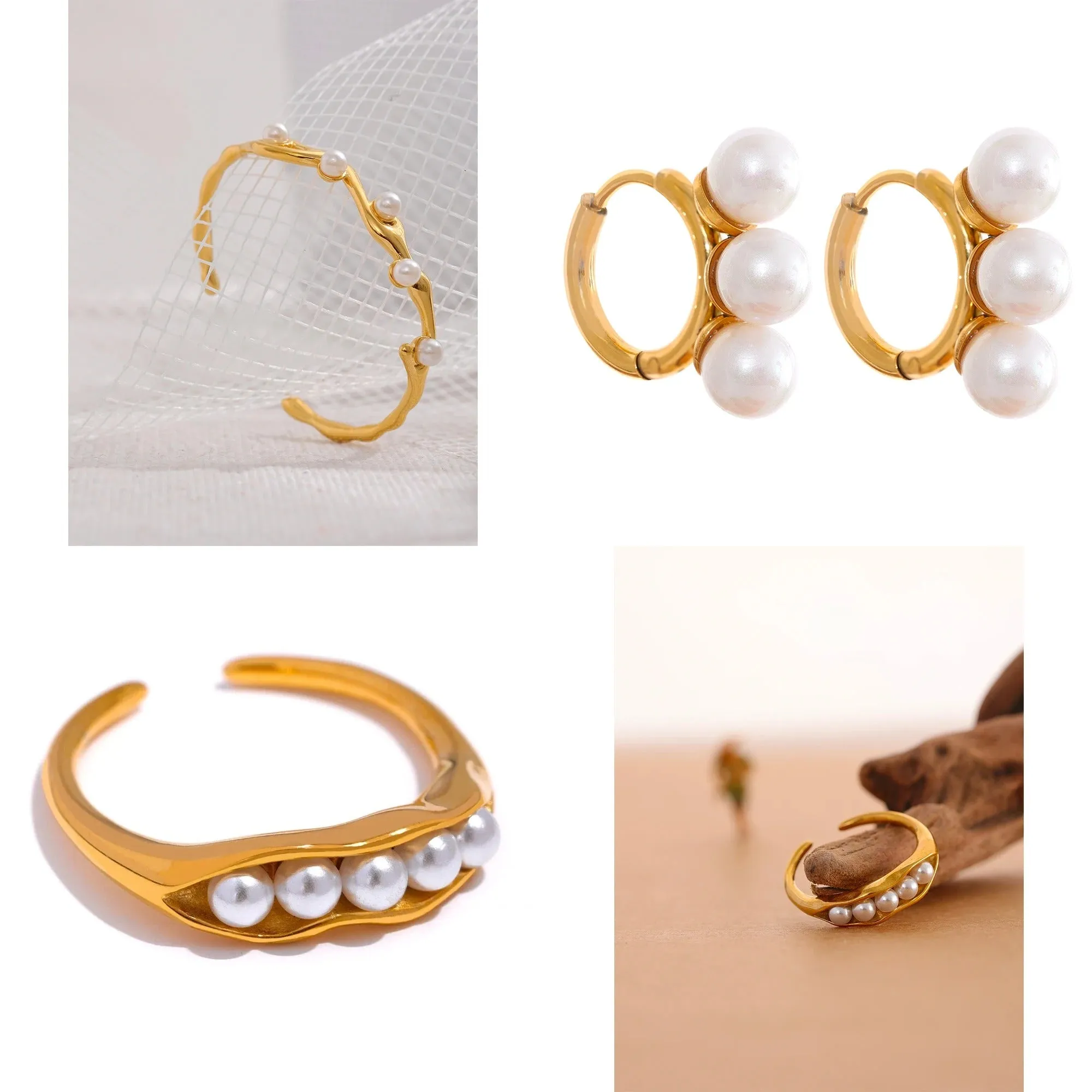 Elegant Imitation Pearls Gold Color Stainless Steel Twist Cuff Bracelet Bangle Waterproof Charm Jewelry for Women Gift