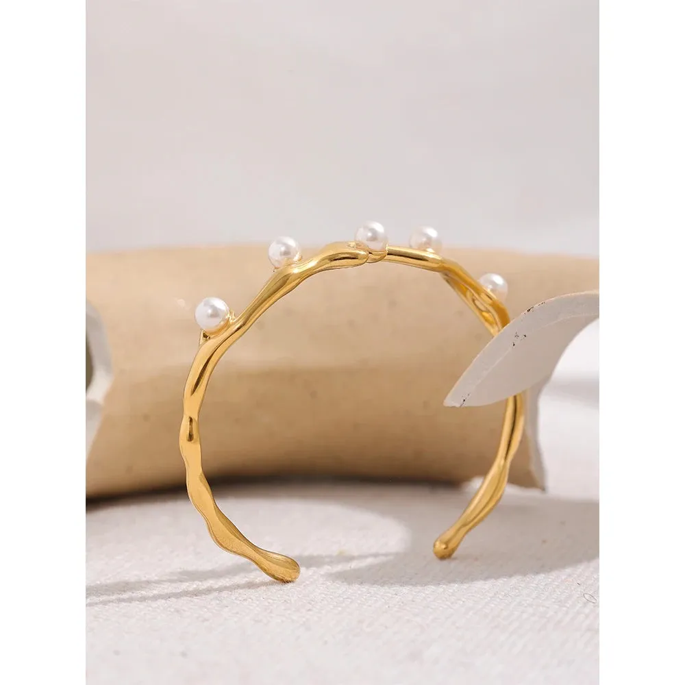 Elegant Imitation Pearls Gold Color Stainless Steel Twist Cuff Bracelet Bangle Waterproof Charm Jewelry for Women Gift