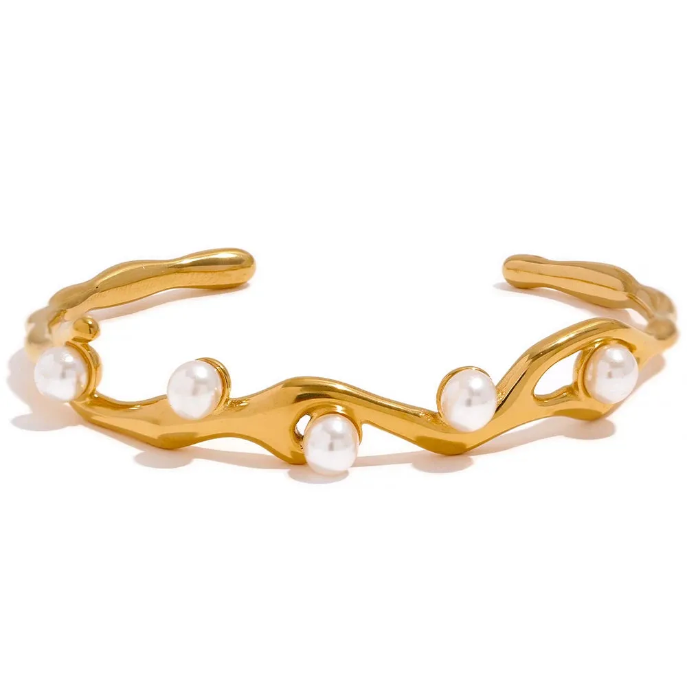 Elegant Imitation Pearls Gold Color Stainless Steel Twist Cuff Bracelet Bangle Waterproof Charm Jewelry for Women Gift