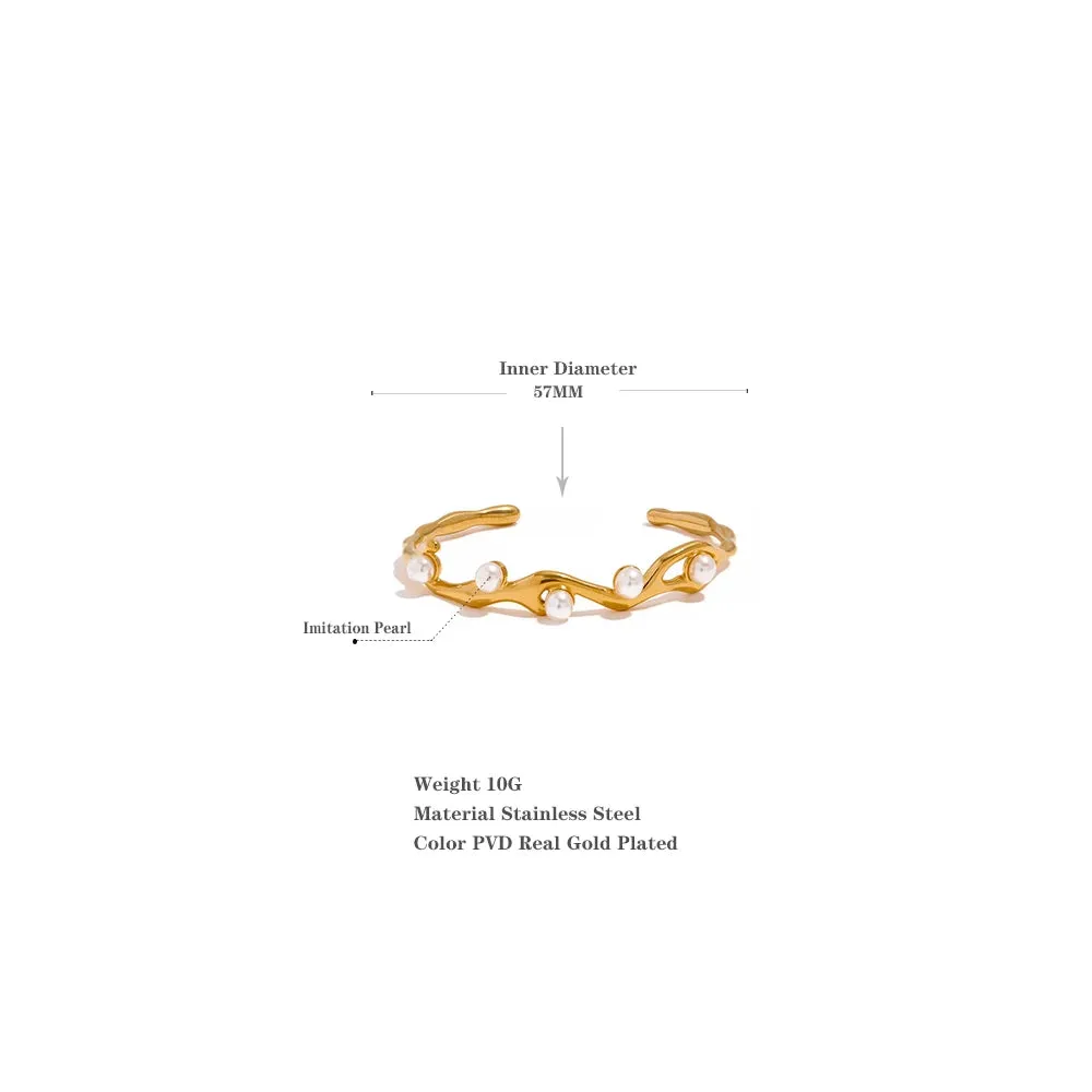 Elegant Imitation Pearls Gold Color Stainless Steel Twist Cuff Bracelet Bangle Waterproof Charm Jewelry for Women Gift