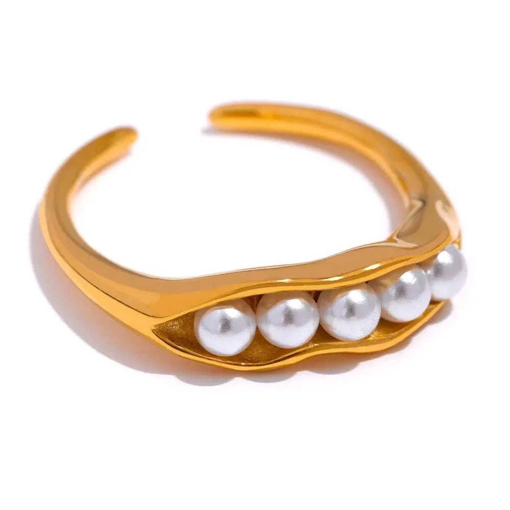 Elegant Imitation Pearls Gold Color Stainless Steel Twist Cuff Bracelet Bangle Waterproof Charm Jewelry for Women Gift