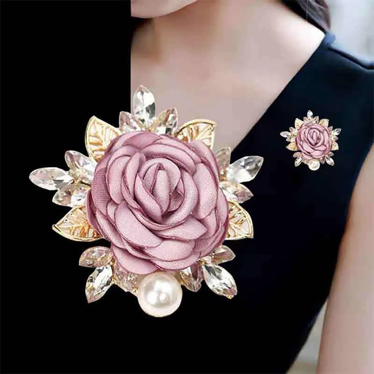 Elegant Rose Flower Brooch Pin Fabric Flower Pearl Brooch Wedding Party Fashion Crystal Pearl Fabric Lapel Pin Dress Suit Hat Bag Jewelry for Men and Women