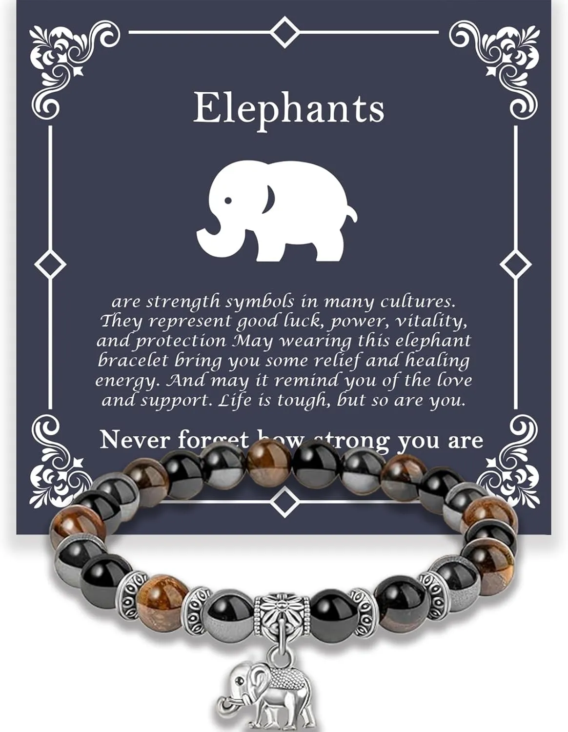 Elephant Gifts for Women, Motivational Gifts for Mom, Mothers Day Elephant Bracelet, Strength Bracelets for Women, Gifts for Her, Anxiety Bracelet, 8 mm Stretch Natural Stone Beaded Bracelets