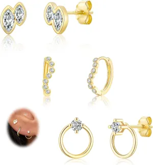 EPIRORA Gold Earrings for Women, 3 Pairs 14K Gold Plated Cubic Zirconia Hoop & Stud Earring Set, Trendy Cute Small Cartilage Earrings for Multiple Piercing