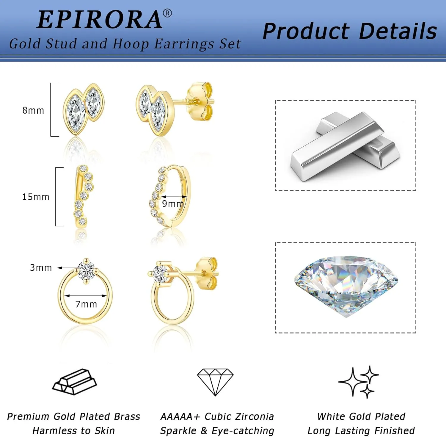 EPIRORA Gold Earrings for Women, 3 Pairs 14K Gold Plated Cubic Zirconia Hoop & Stud Earring Set, Trendy Cute Small Cartilage Earrings for Multiple Piercing