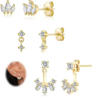 EPIRORA Gold Earrings for Women, 3 Pairs 14K Gold Plated Cubic Zirconia Stud Earrings Set, Trendy Cute Small Cartilage Earrings for Multiple Piercing