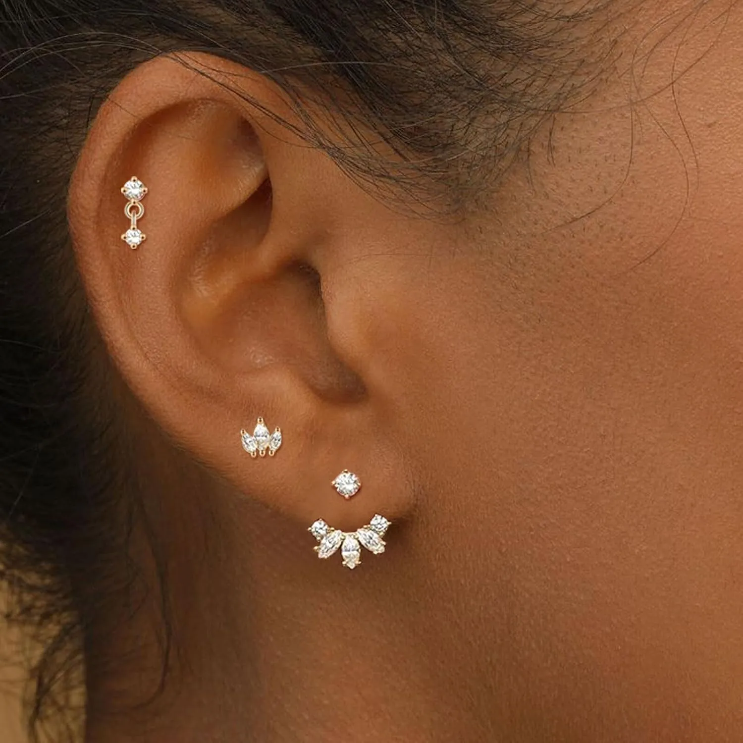 EPIRORA Gold Earrings for Women, 3 Pairs 14K Gold Plated Cubic Zirconia Stud Earrings Set, Trendy Cute Small Cartilage Earrings for Multiple Piercing