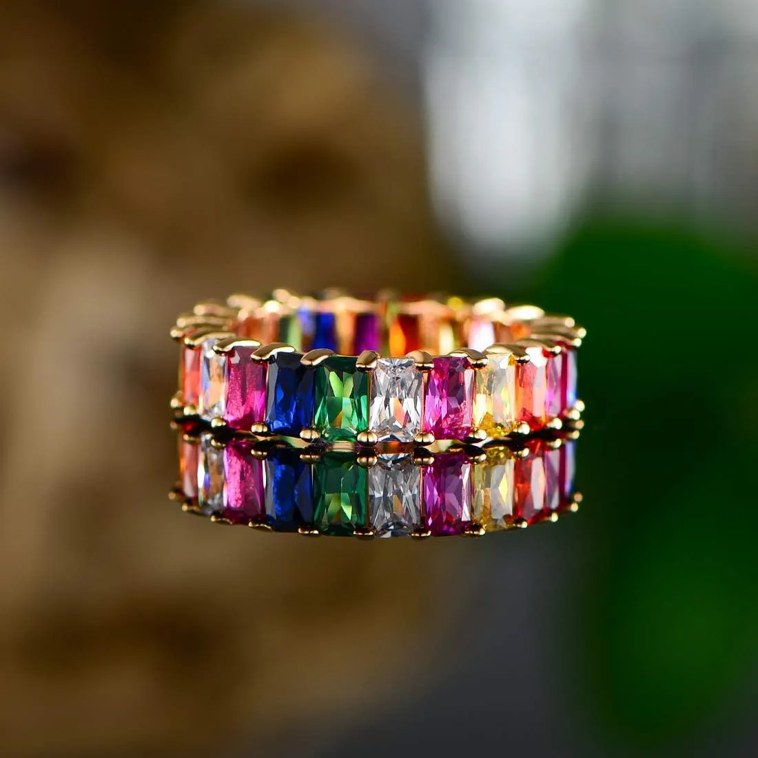 Eternity Rainbow Ring Wedding Band for Women | 18K Gold Plated Emerald-Cut Rainbow Multi Color Created-Gemstone Eternity Ring