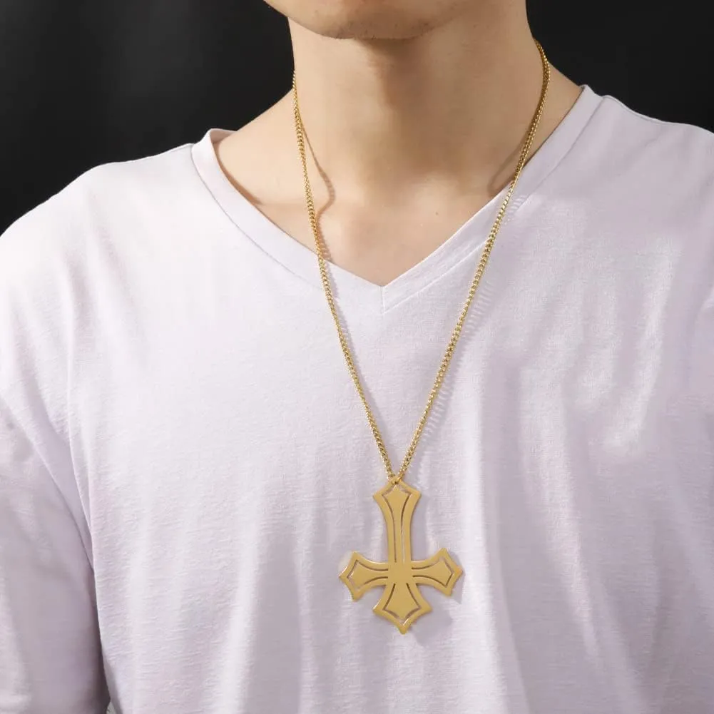 EUEAVAN Stainless Steel Inverted Cross Pendant Necklace Diamond-Trimmed Inverted Classic Satanic Jewelry Religious Necklace