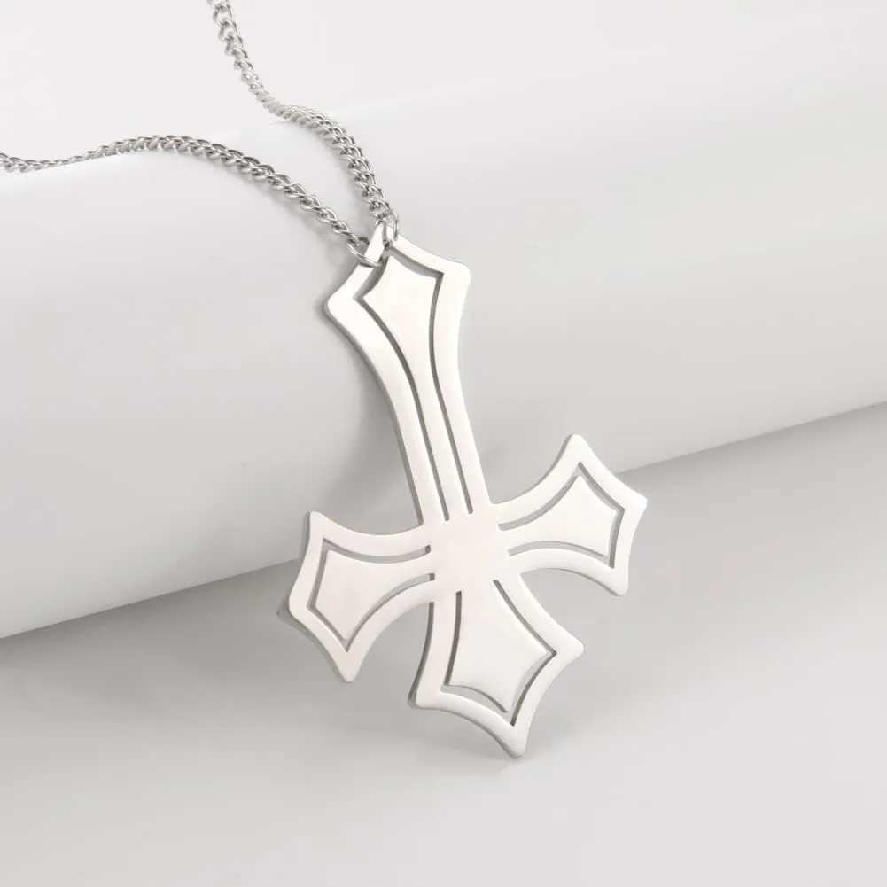 EUEAVAN Stainless Steel Inverted Cross Pendant Necklace Diamond-Trimmed Inverted Classic Satanic Jewelry Religious Necklace