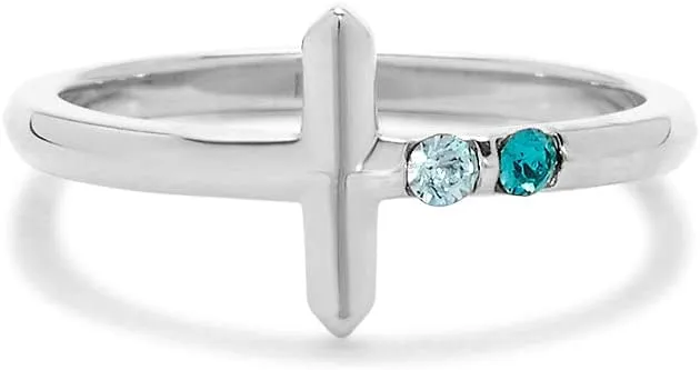 EVE'S ADDICTION Women's Custom Sterling Silver Two Stone CZ Birthstone Cross Ring, ring sizes 5 to 9 - Personalized Birthstone Jewelry for Her - Couples Ring - Gifts for Her - Gifts for Mom