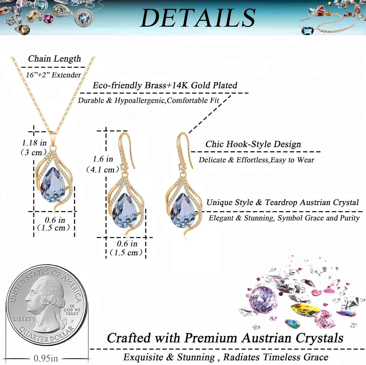 EVEVIC Austrian Crystals Teardrop Hollow Twisted Pendant Necklace Earrings for Women 14K Gold Plated Halo Drop Dangle Earrings Hypoallergenic Jewelry Set